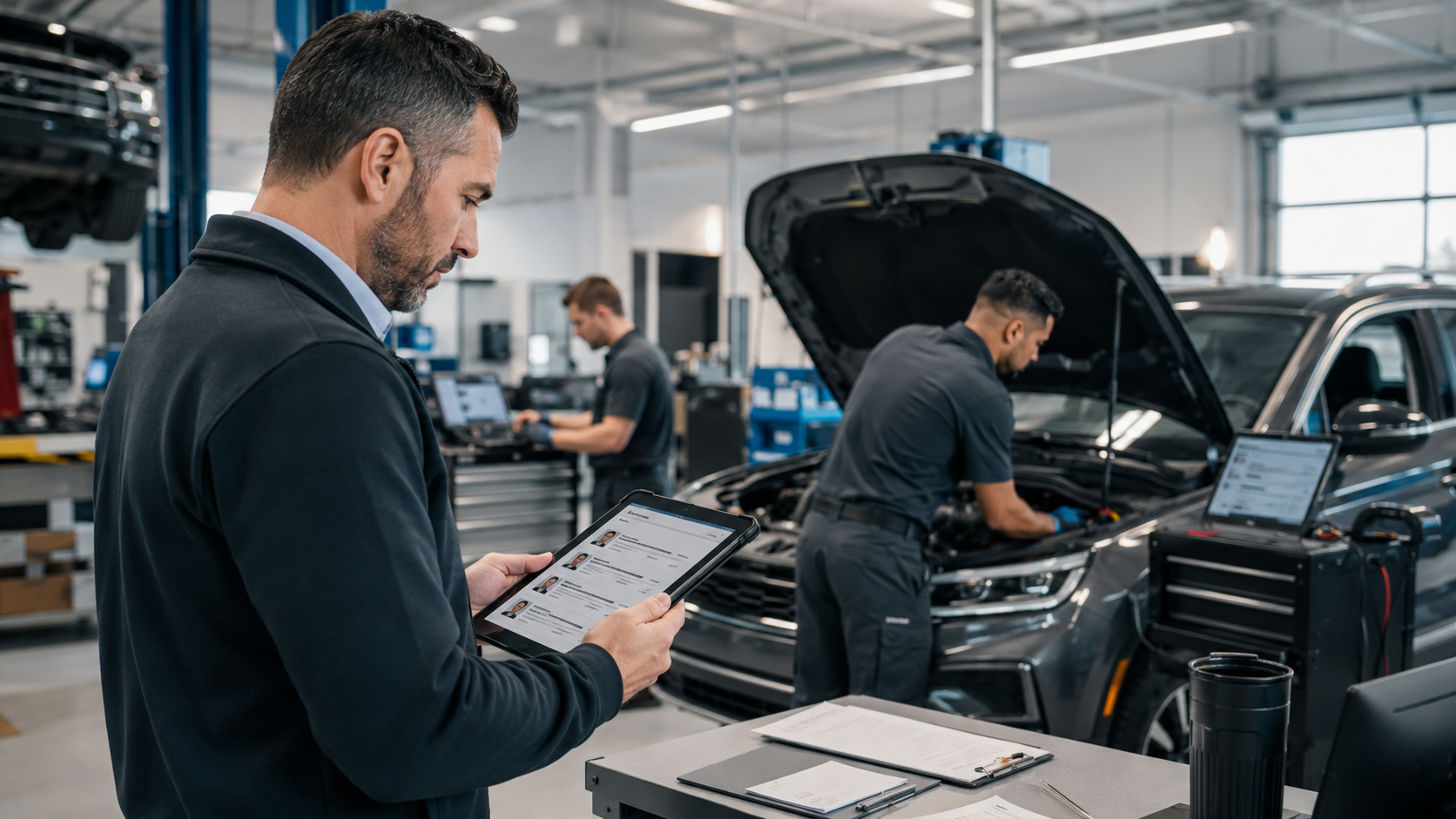 Dealership lead reviewing qualified automotive tech resumes.